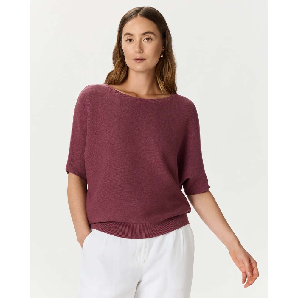 Quince Lightweight Cotton Cashmere Link-Stitch Dolman Sweater L Berry Purple EUC